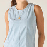 Clearwater blue twill dress with a sleeveless design and vertical stitching details.