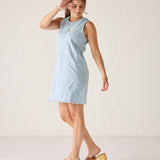 Clearwater blue twill dress with a sleeveless design and frayed hem.