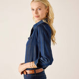 Dark blue button-up shirt with long sleeves and a leather belt.