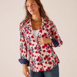 Poppy floral print button-up blouse in red and blue with rolled sleeves
