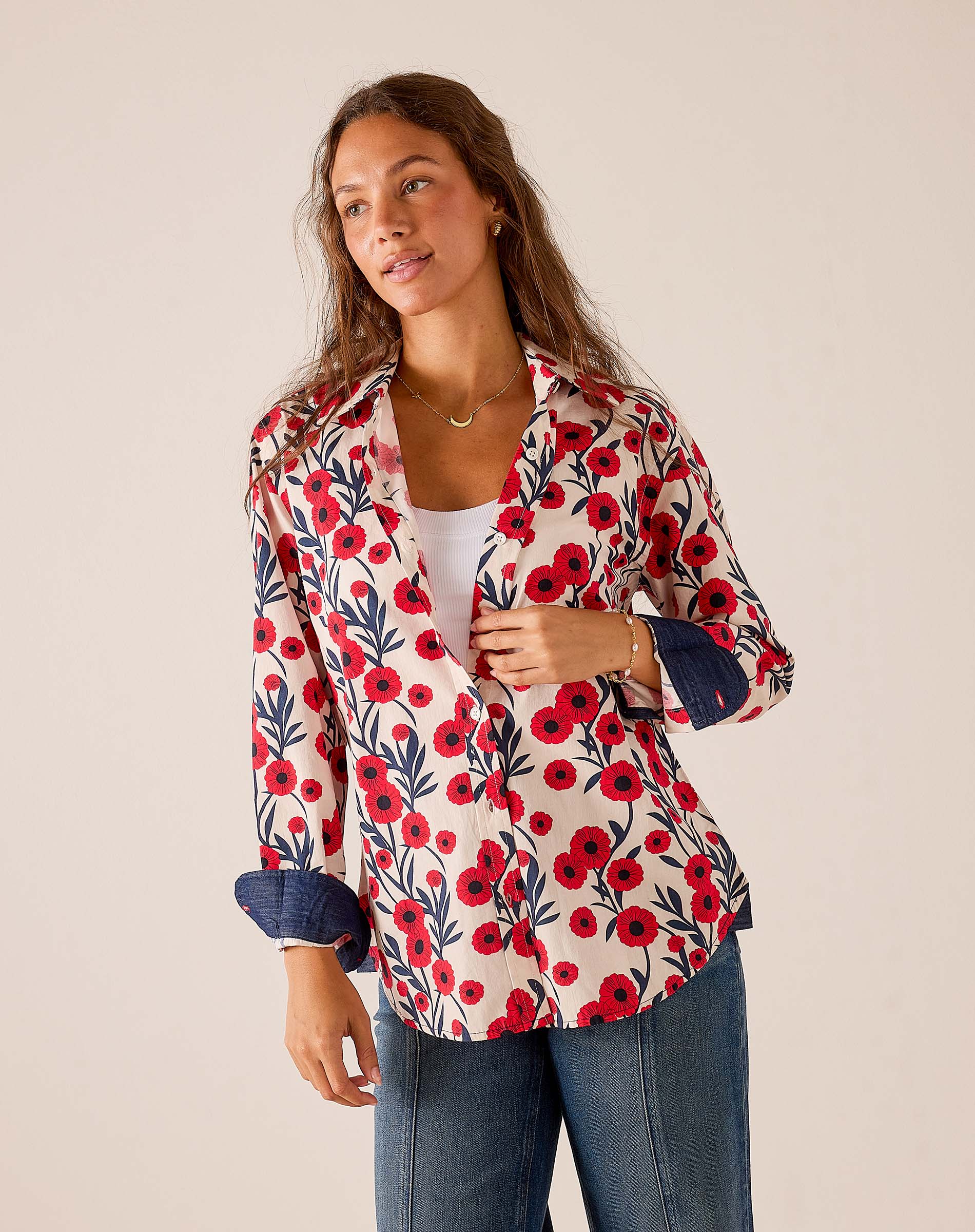 Poppy floral print button-up blouse in red and blue with rolled sleeves