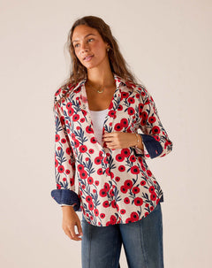 Poppy floral print button-up blouse in red and blue with rolled sleeves