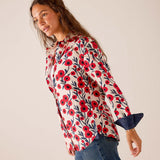 Red and navy poppy floral print button-up shirt with long sleeves and a relaxed fit.