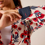 Poppy floral button-up shirt in red and navy blue with a contrast navy fabric pocket detail.