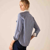 Blue and white double stripe button-up shirt with rolled sleeves.
