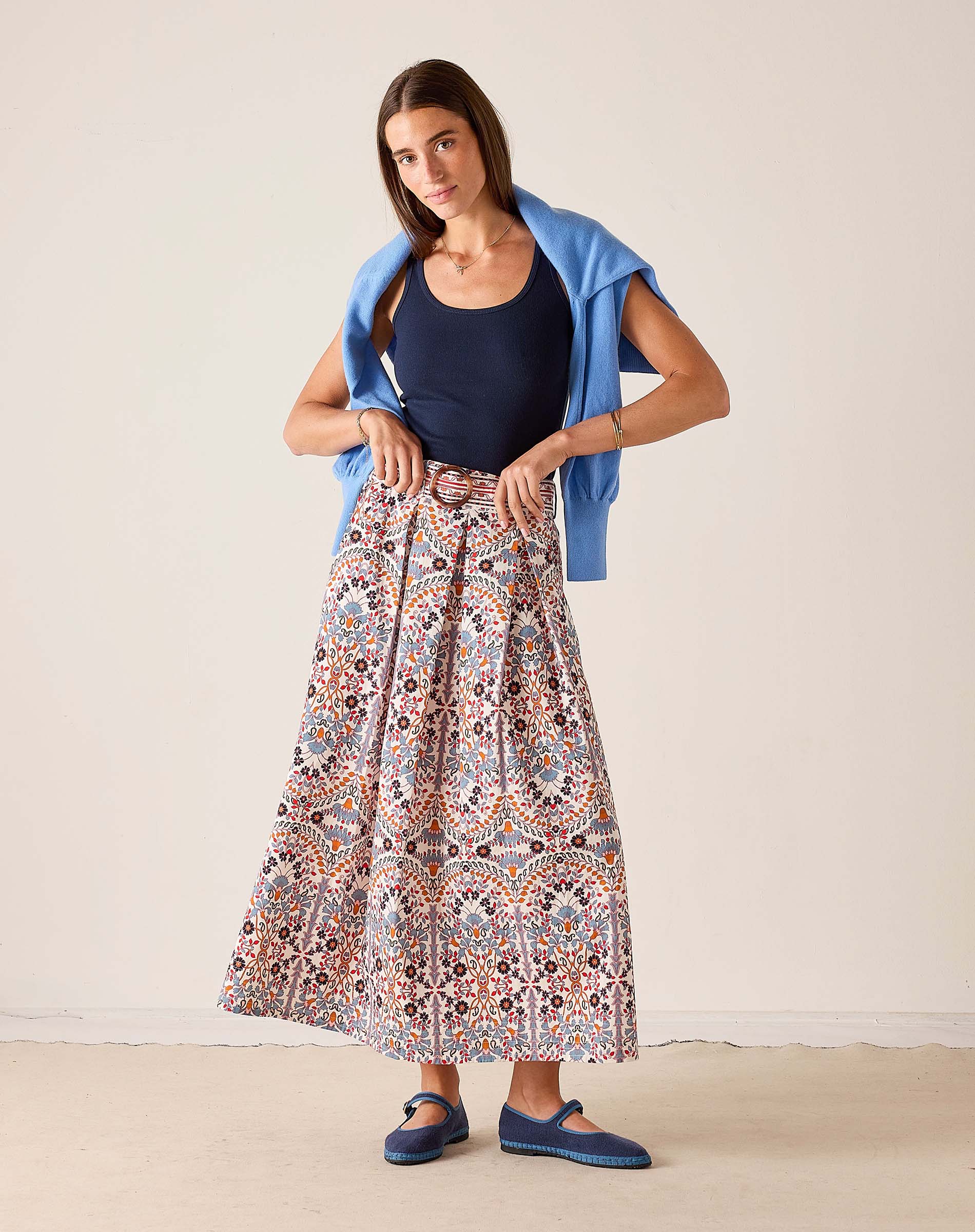 MERSEA women's travel-friendly women's travel-friendly multi-colored floral arched pattern maxi skirt with a tiered, flowy silhouette.