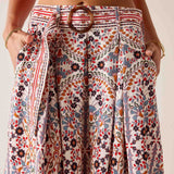 Multi-colored arched floral print maxi skirt with a belt and high waist