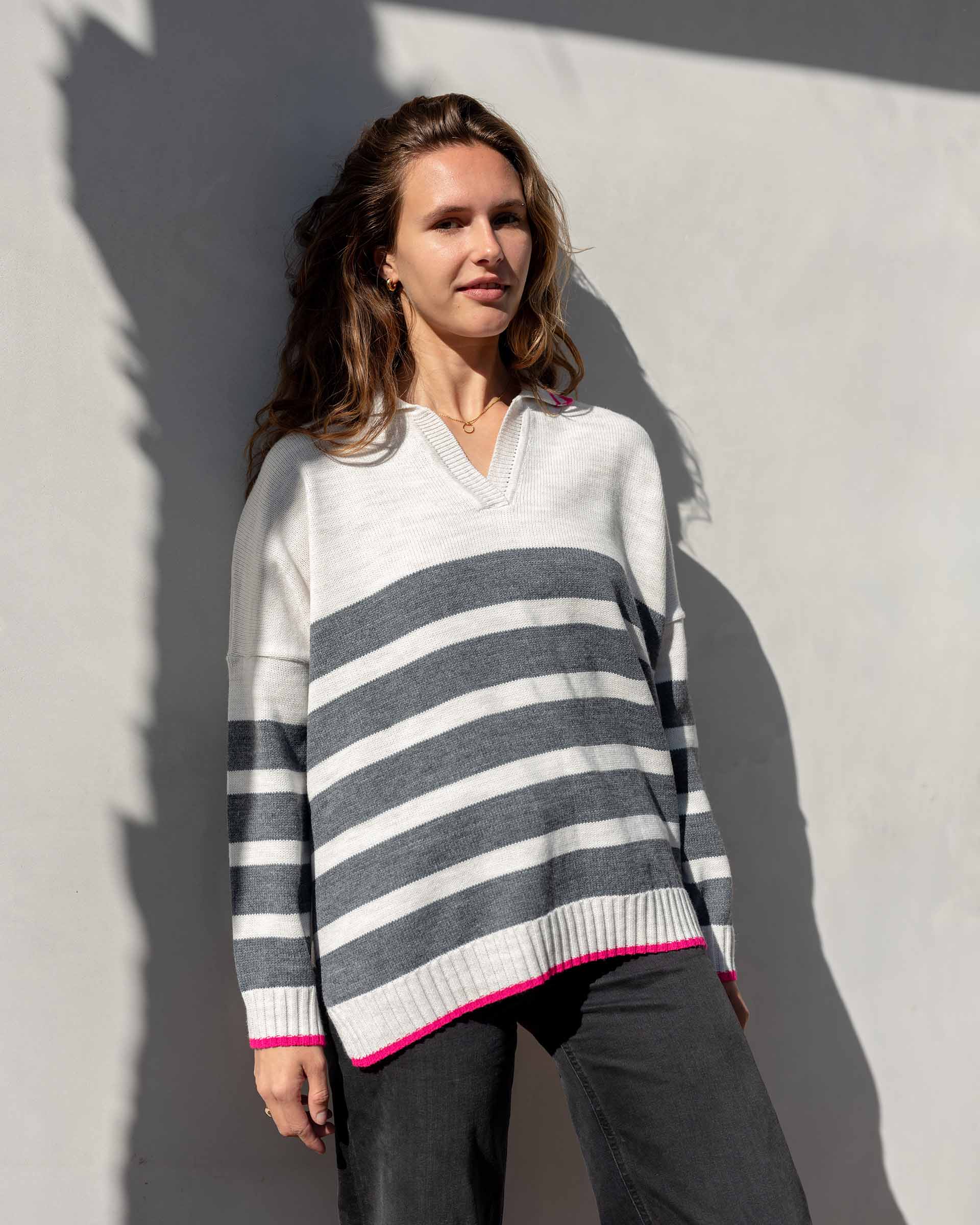 Women's Fall Oversized Polo Sweater with Side Slits