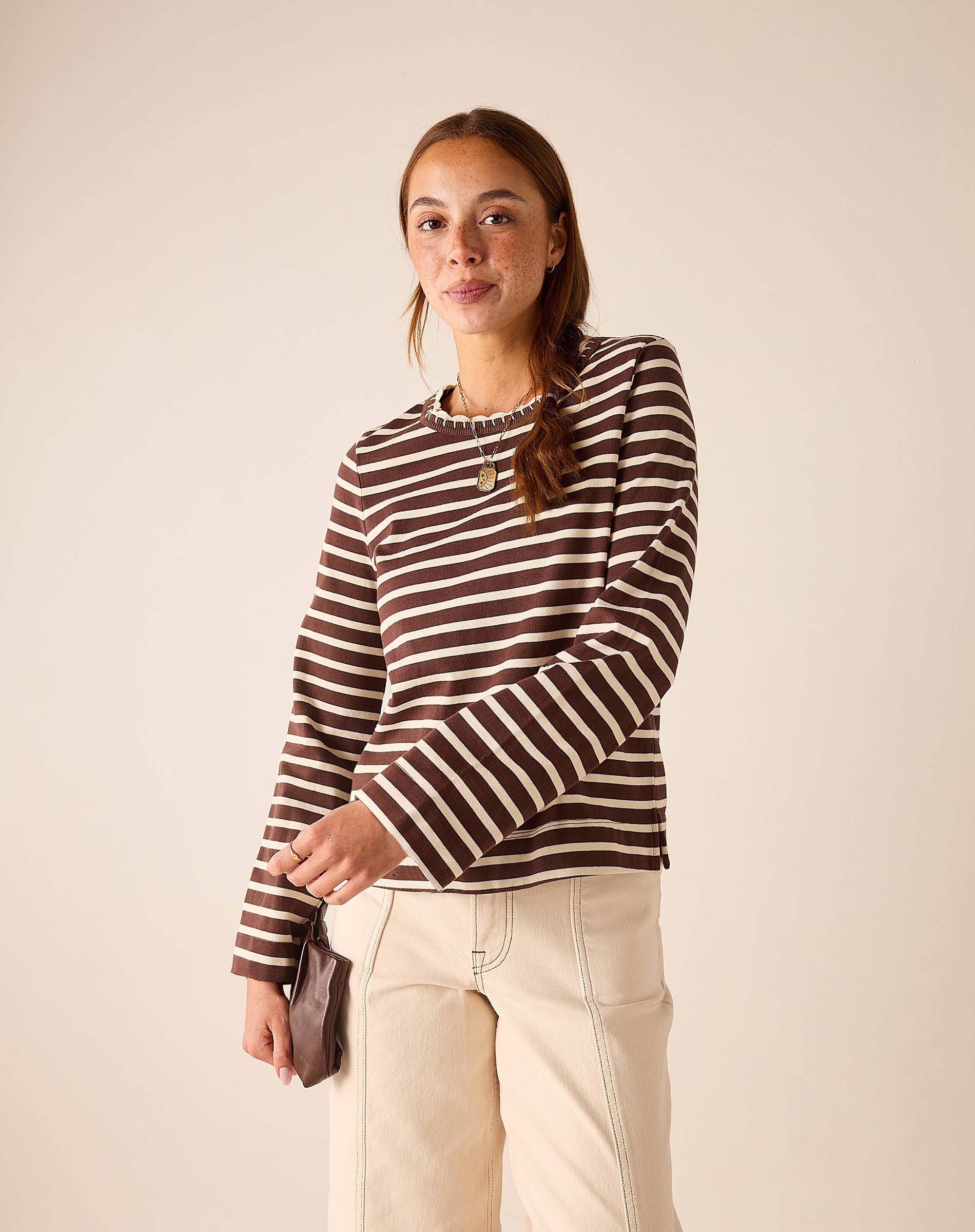 Espresso and creme striped knit tee.