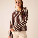 Espresso and creme striped knit tee with wide sleeves.