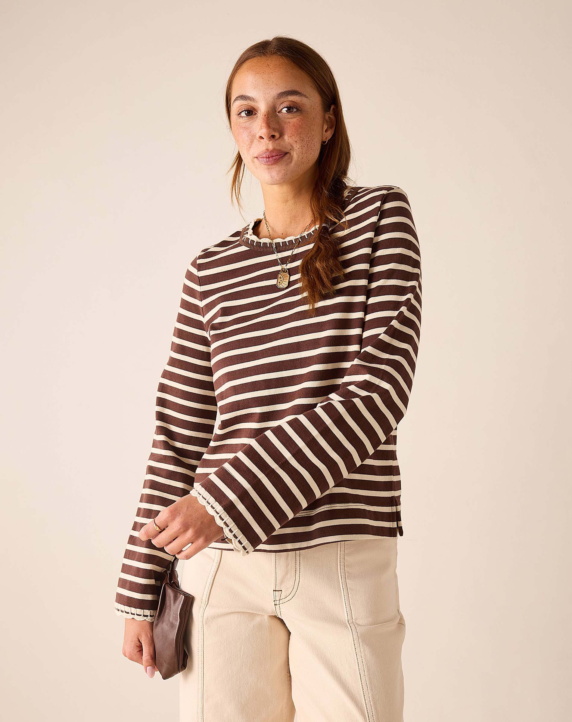 Espresso and creme striped knit tee with wide sleeves.