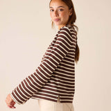 Espresso and creme striped jersey knit t-shirt.