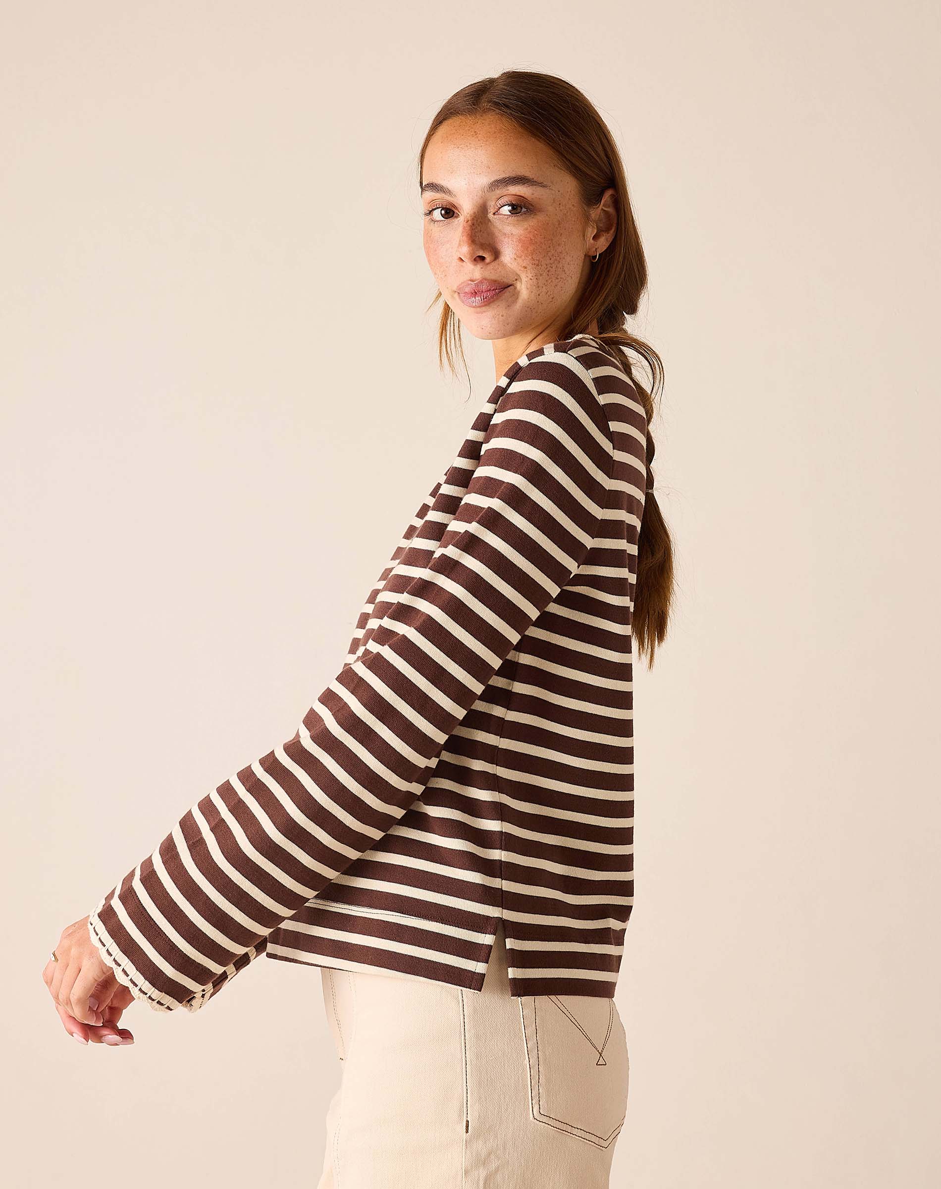 Espresso and creme striped jersey knit t-shirt.