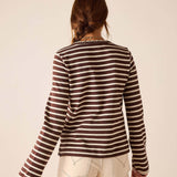 Back view of a espresso and creme striped crewneck tee.