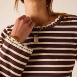 Espresso and creme striped knit tee with a lettuce-edge neckline.