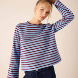 Plum berry stripe knit mariner tee with a crew neck and long sleeves.