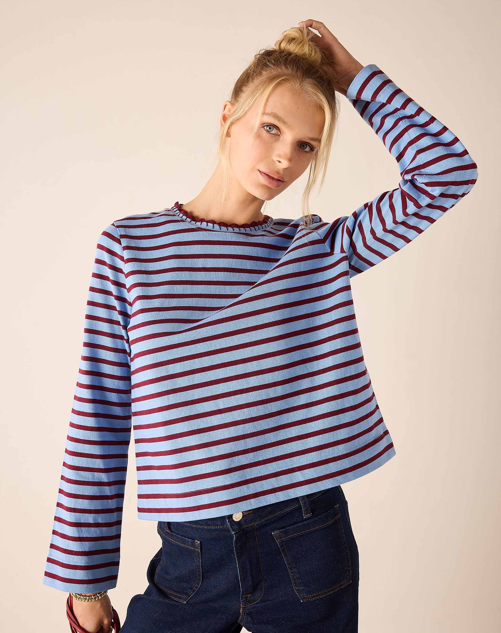 Plum berry stripe knit mariner tee with a crew neck and long sleeves.
