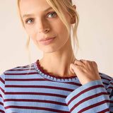 Plum and berry striped knit tee with a ruffled neckline.
