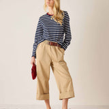 Women's travel-friendly navy and white stripe cotton tee with a boat neck and matching trousers.