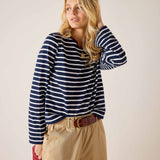 Navy and white striped crewneck tee with long sleeves.