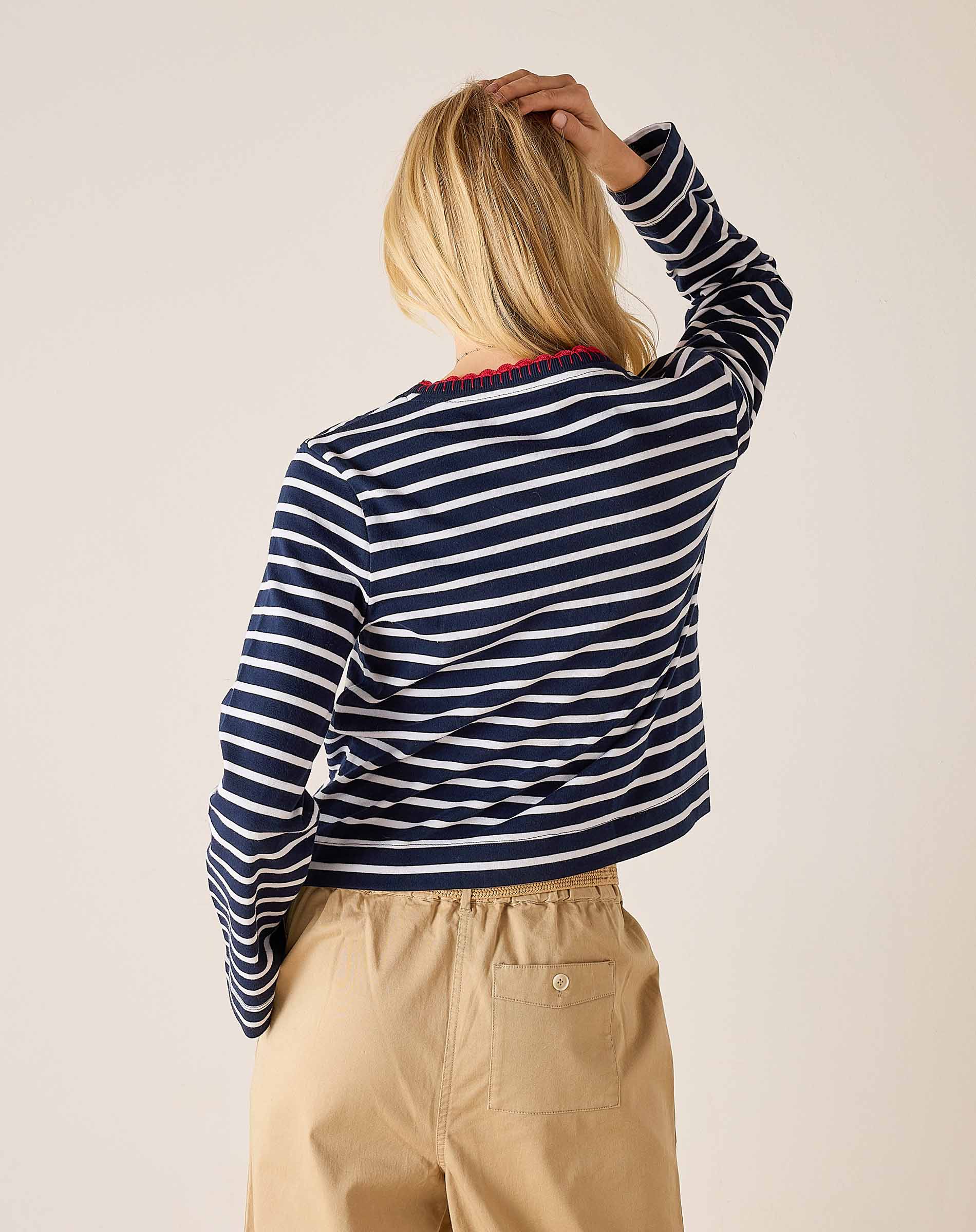 Navy and white striped long-sleeve tee with a boatneck and red trim detail.