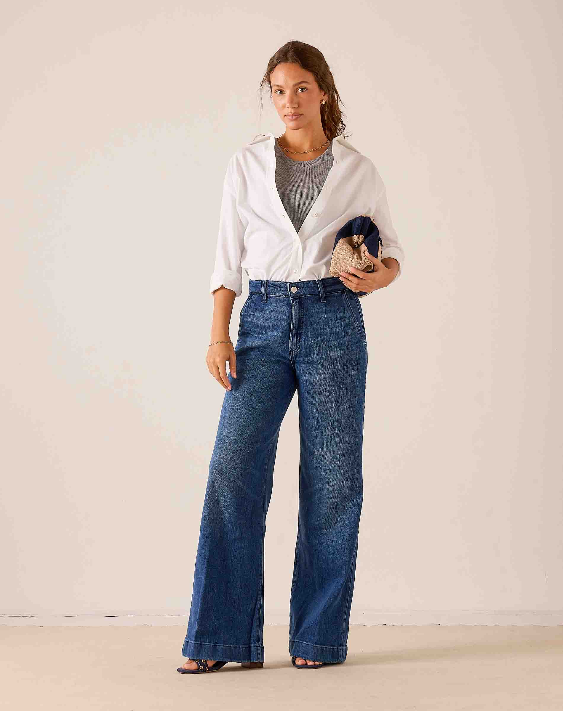 MERSEA ladies' travel-ready medium wash blue wide-leg denim Marlene trouser with a high-rise waist and floor-length hem.