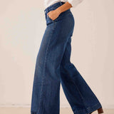 Medium wash blue wide-leg denim trousers with front pockets.