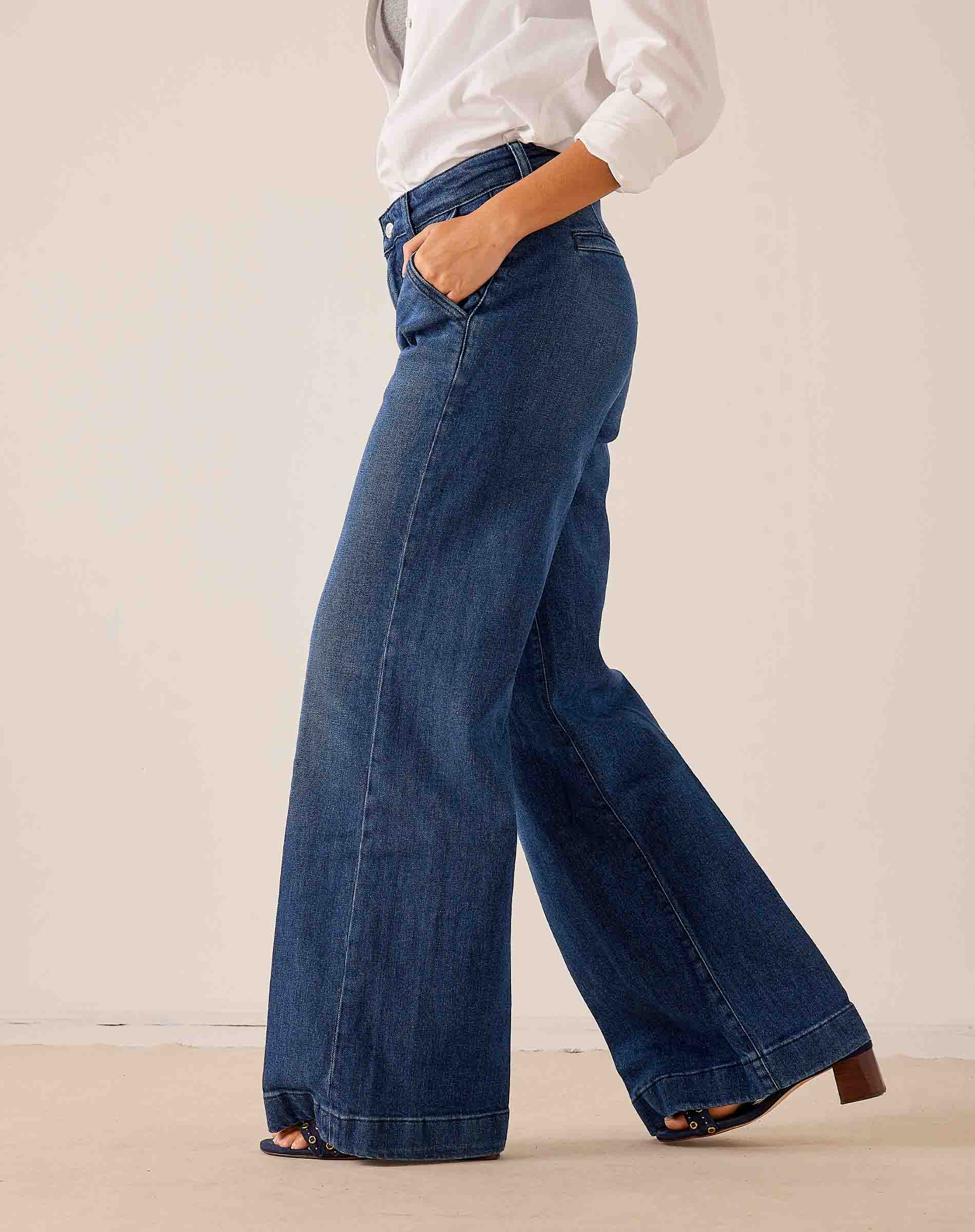 Medium wash blue wide-leg denim trousers with front pockets.