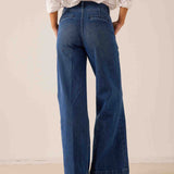 Medium wash blue wide-leg denim Marlene trouser with a high waist and decorative stitching.
