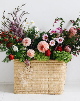 straw basket with a bouquet of colorful flowers spilling out and a straw flower detail on the side