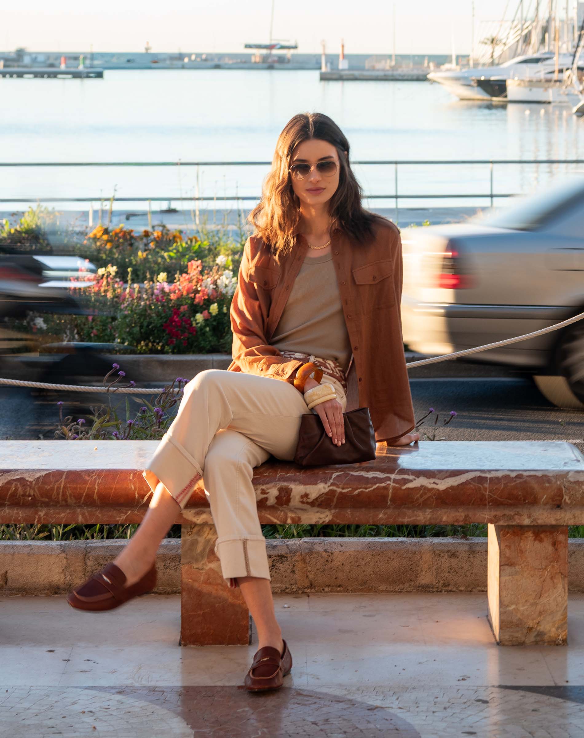 Ladies' travel-ready saddle brown double pocket shirt in a soft woven fabric.
