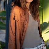 Saddle brown double pocket button-down shirt in a cotton blend.