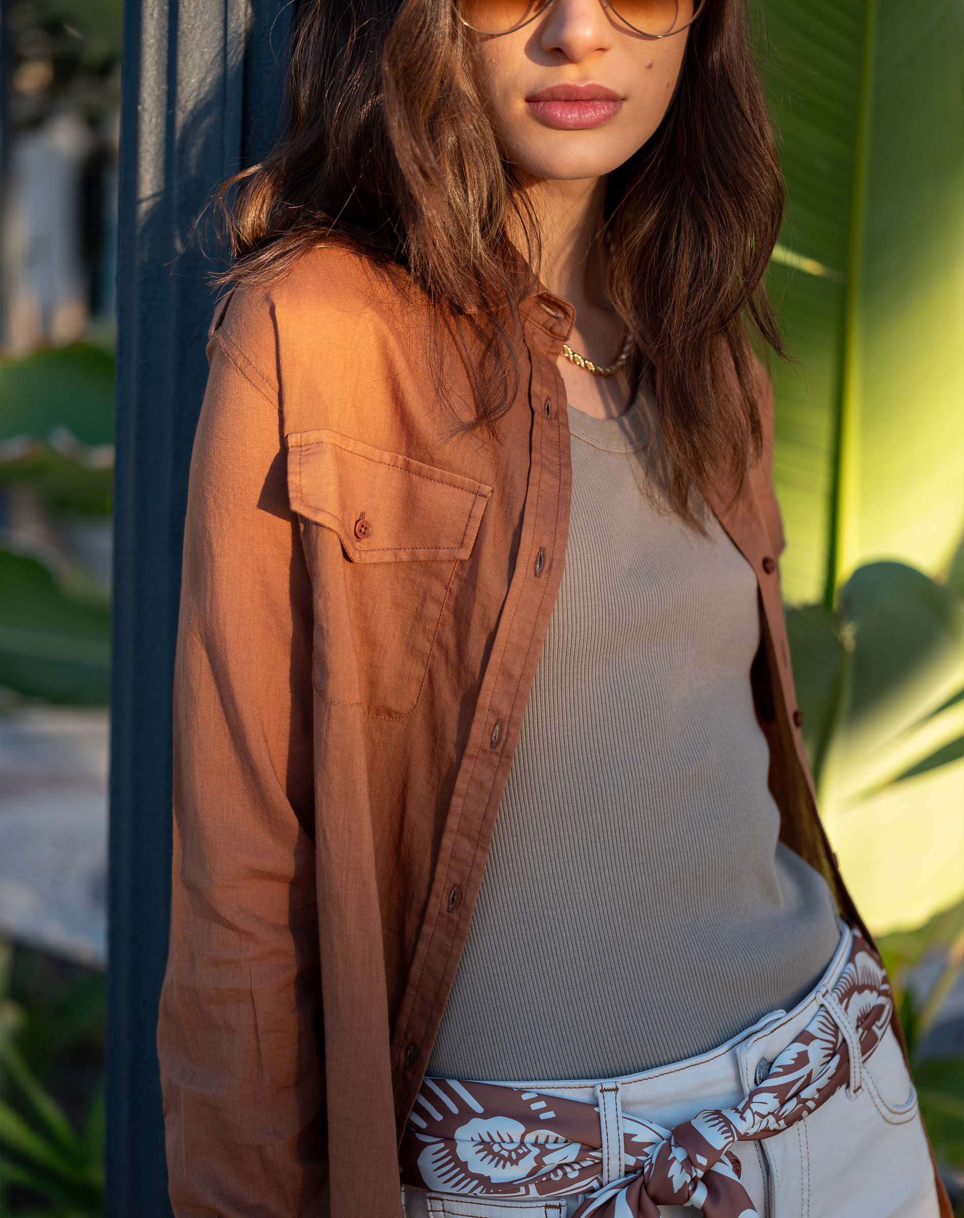 Saddle brown double pocket button-down shirt in a cotton blend.