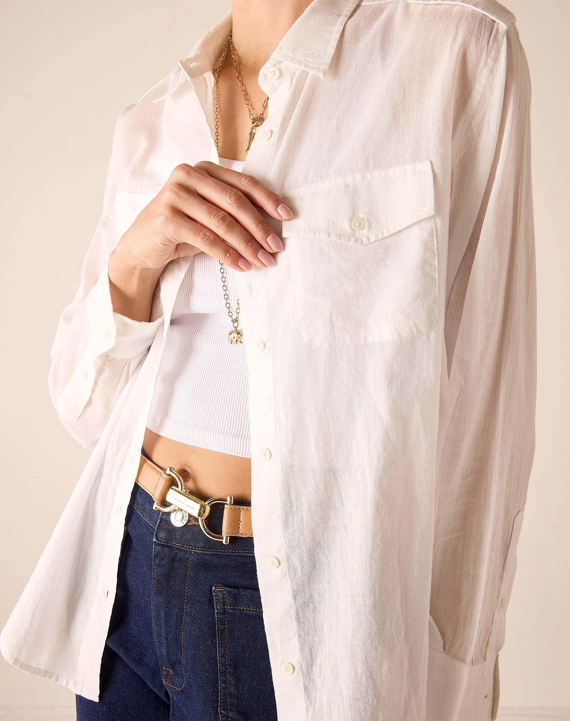 White oversized linen double-pocket button-down shirt