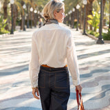 White cotton blend Miller button-up shirt with double pocket detail and relaxed fit.