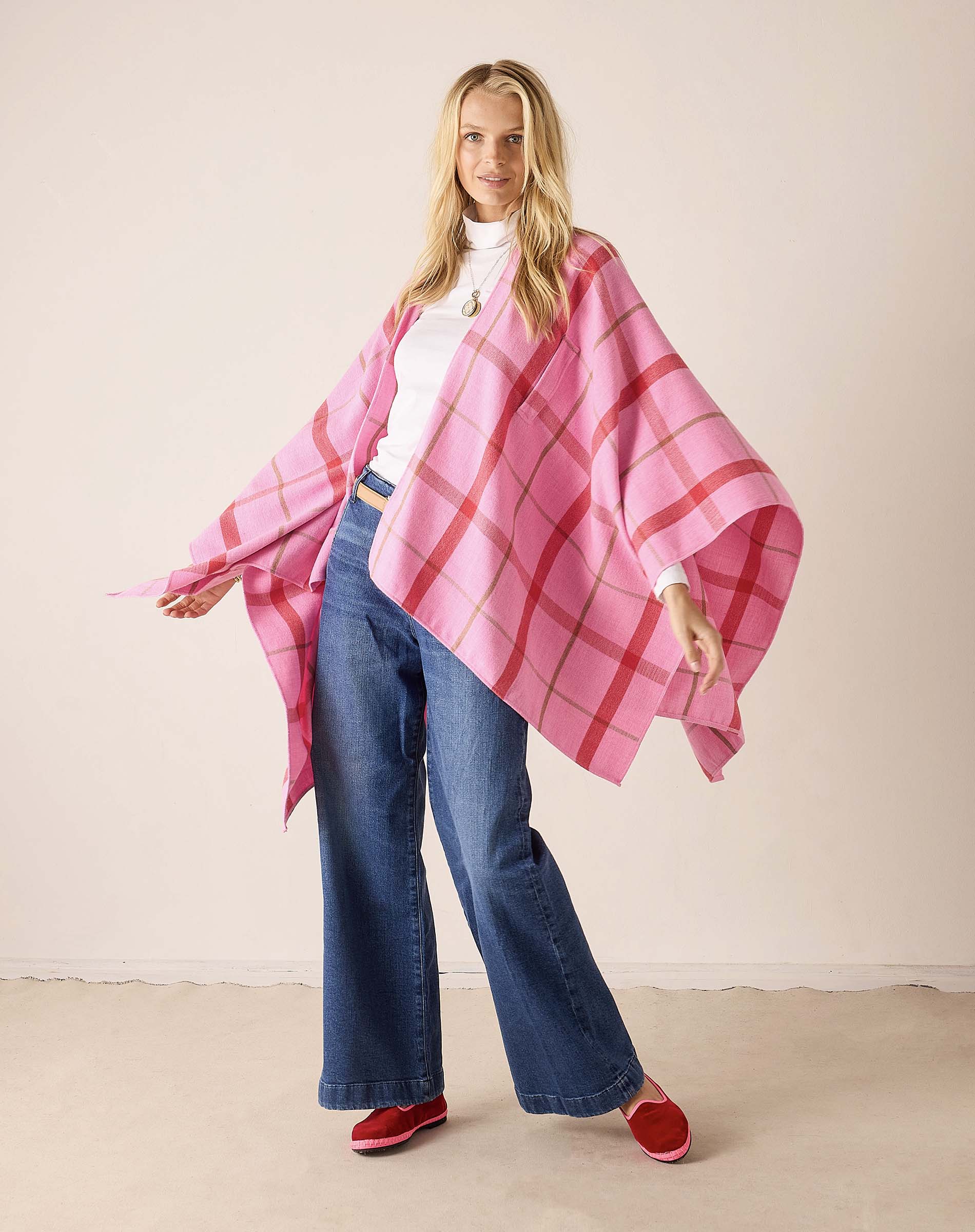 Ladies' travel-ready peppermint plaid oversized wrap with a soft draped finish