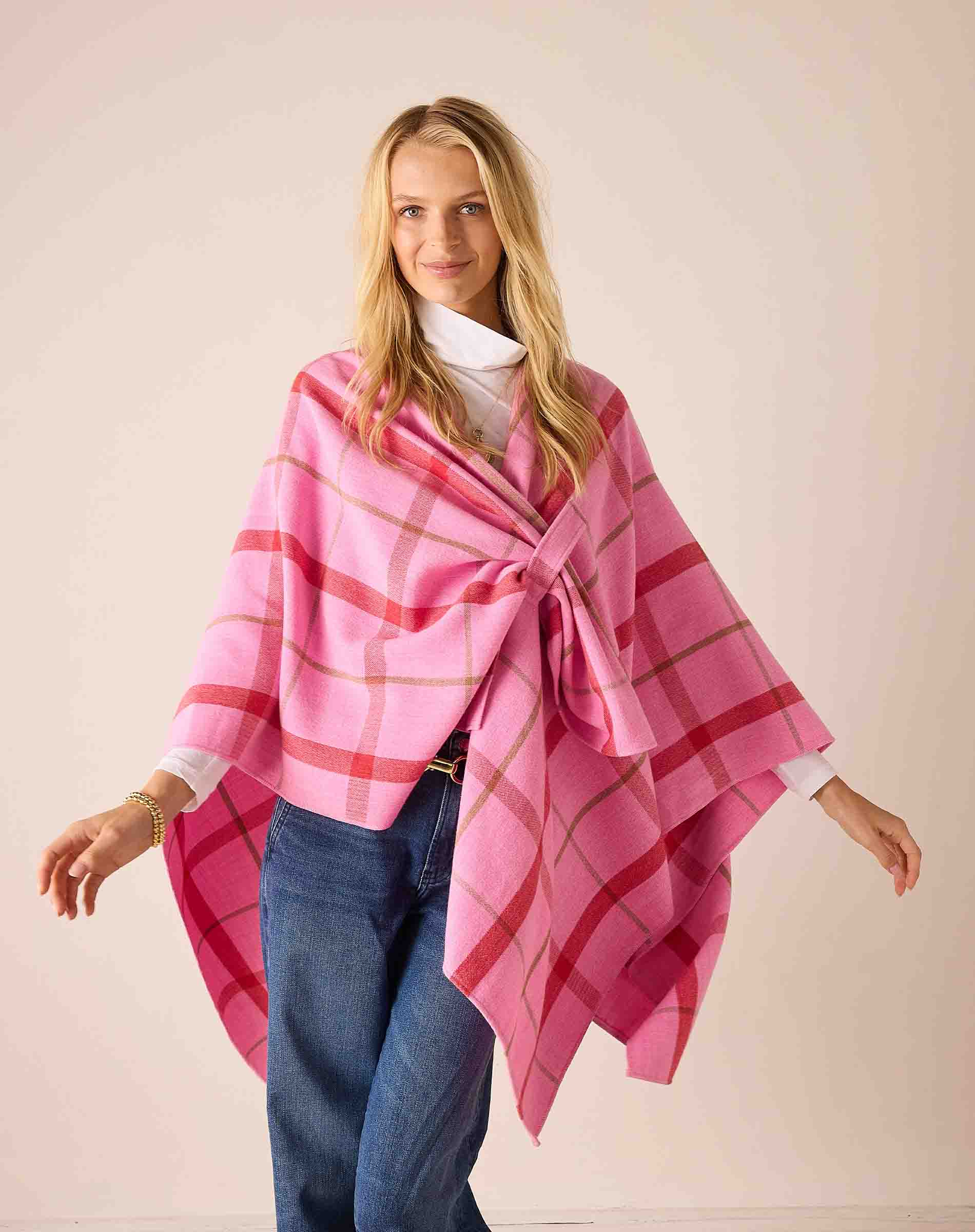 Peppermint plaid oversized wrap in a soft knit fabric with a front knot detail.