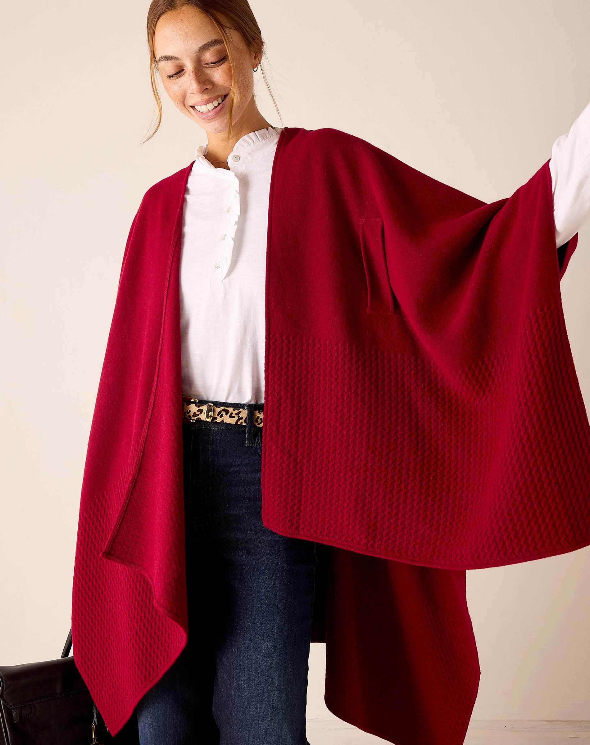 MERSEA women's travel-friendly wine-colored textured travel wrap with a draped silhouette.