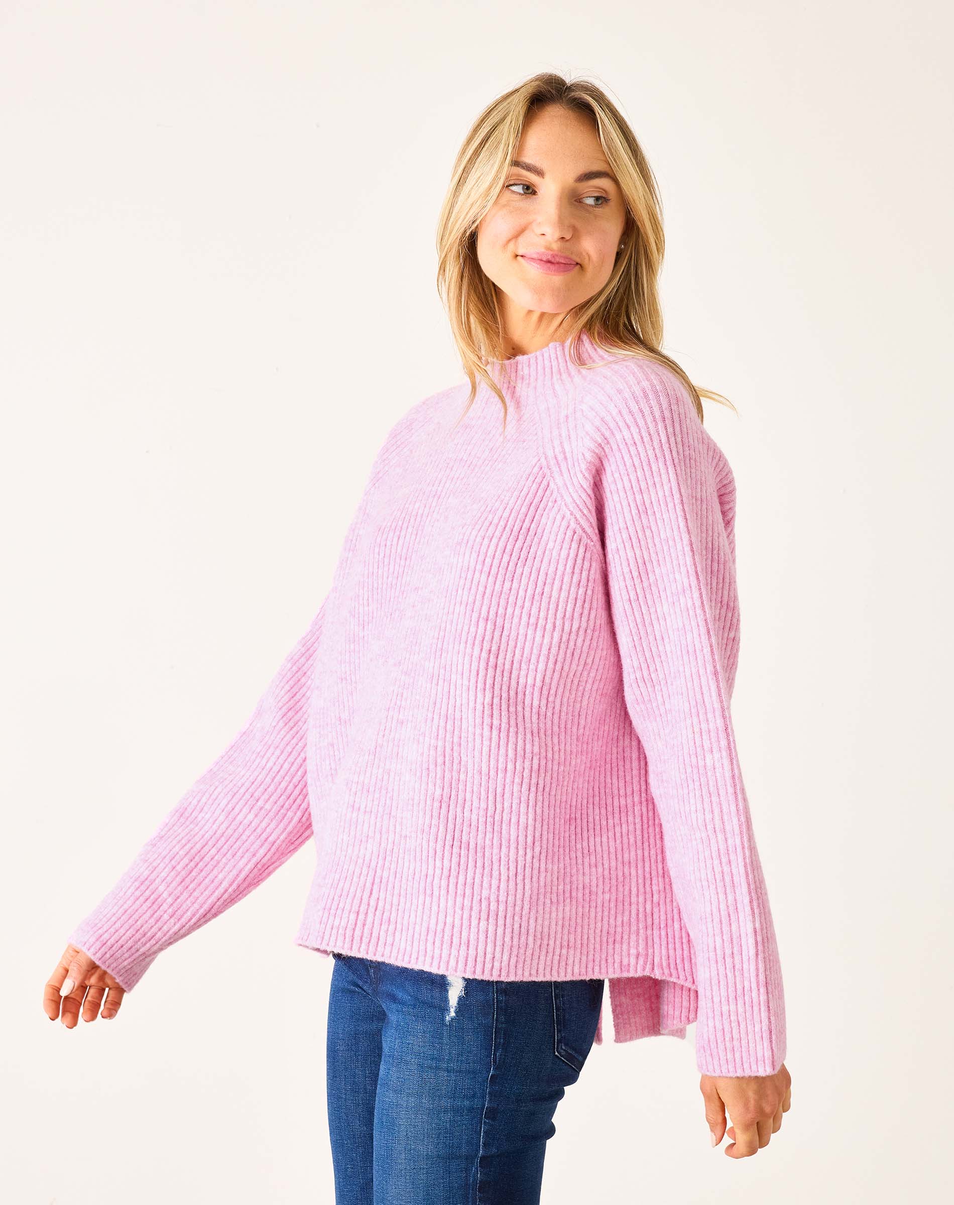 Heathered dewy pink mockneck ribbed knit sweater