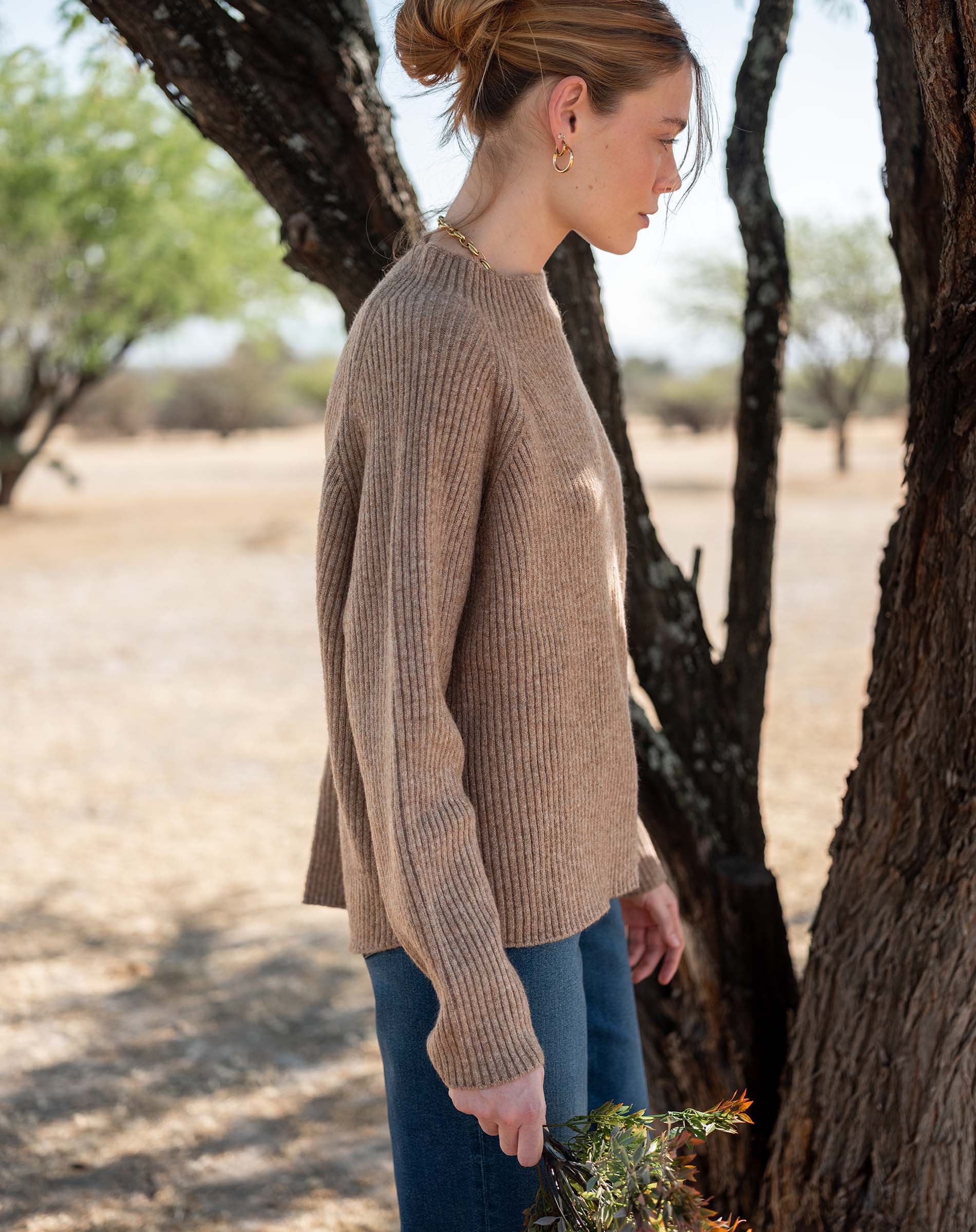 Heathered driftwood mockneck ribbed knit sweater