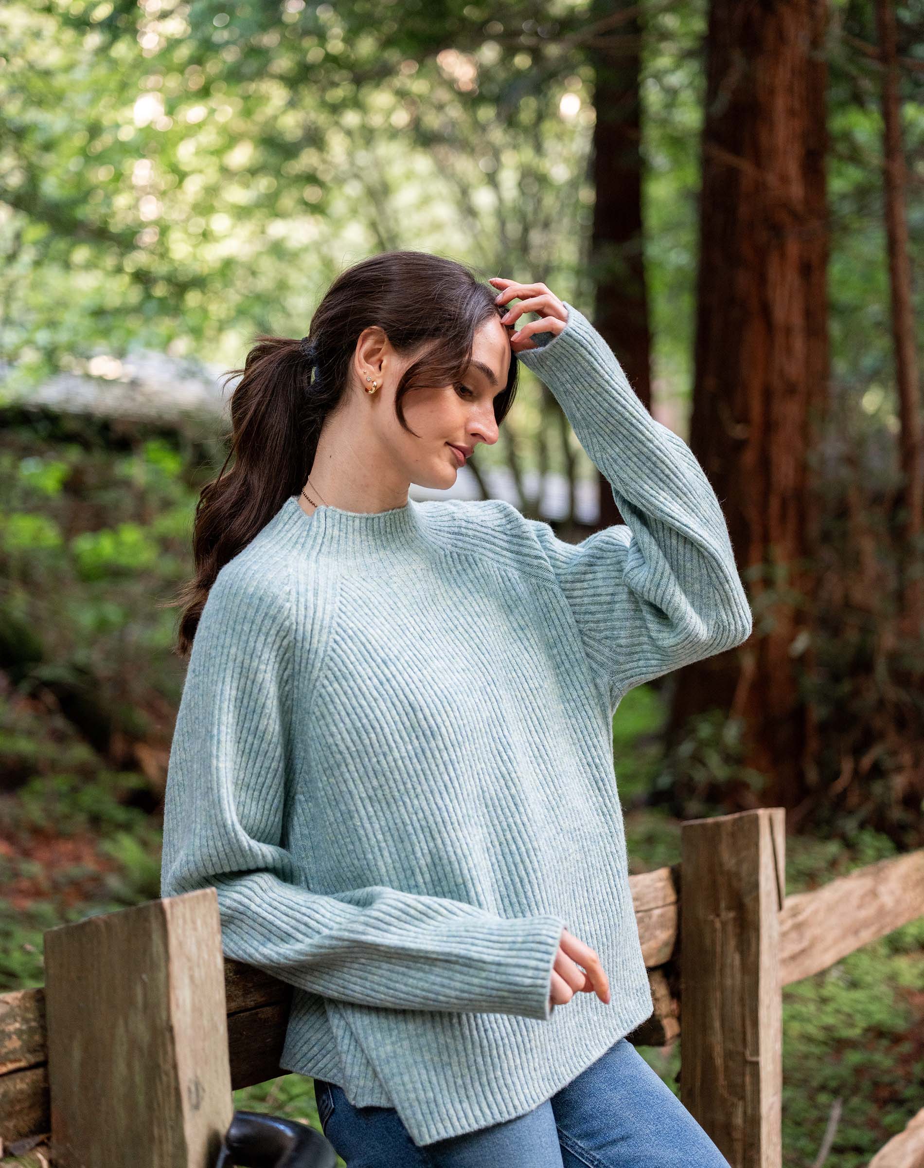 Heathered sea foam mockneck ribbed knit sweater