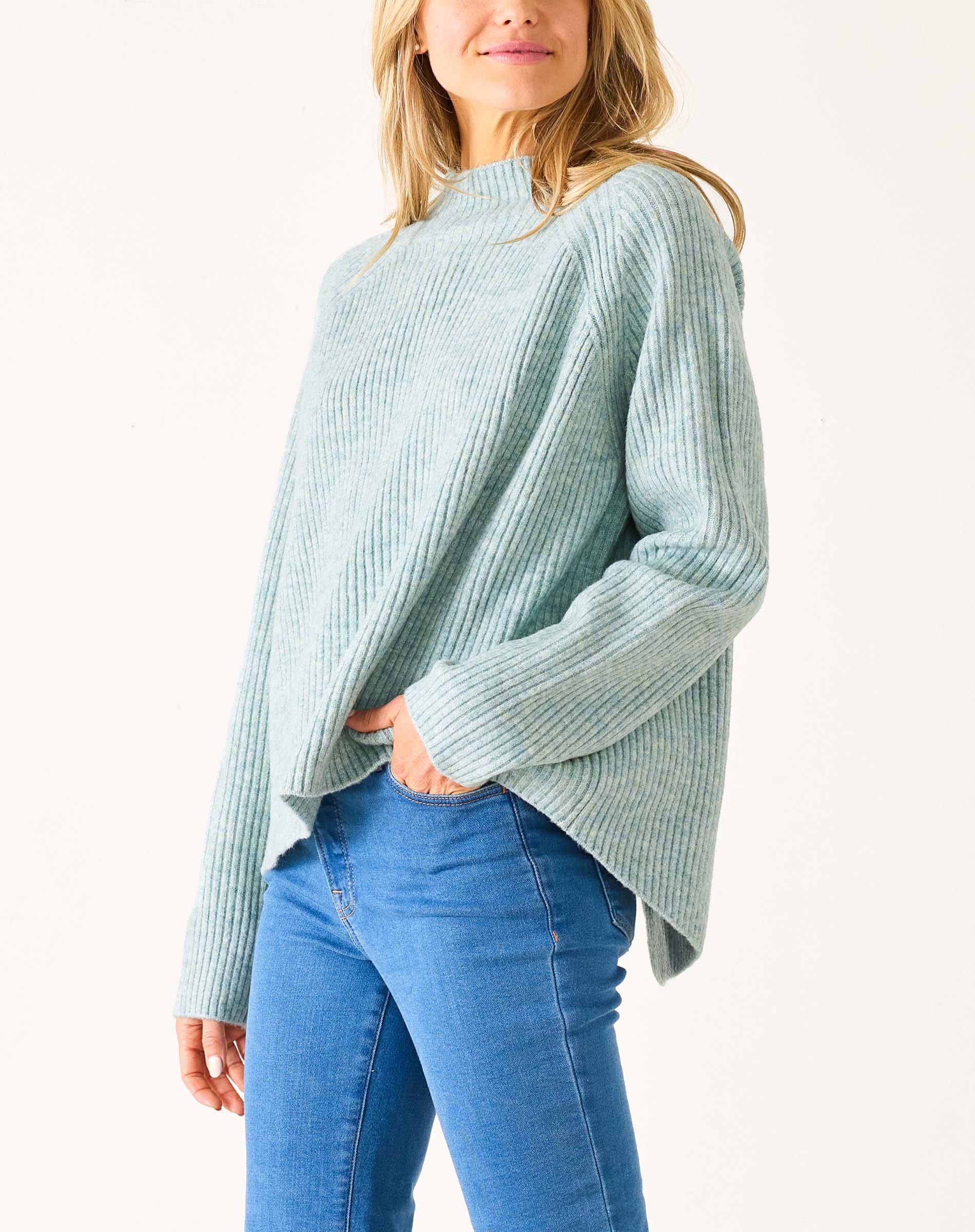 Heathered sea foam mockneck ribbed knit sweater
