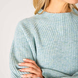 Heathered sea foam mockneck ribbed knit sweater