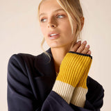 Cream and golden ribbed knit fingerless gloves.