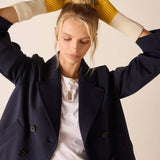 Cream and golden yellow fingerless knit gloves