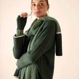 Forest green ribbed knit sweater and coordinating wrap with beige stripe detail.