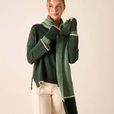 Forest green ribbed knit sweater paired with a matching oversized striped scarf in shades of sage and olive.
