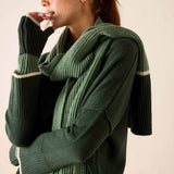 Forest green ribbed knit scarf and matching sweater featuring a white stripe detail.