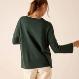 Back view of women's travel-friendly forest green knit top with a ribbed hem and wide sleeves.