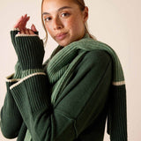 Forest green ribbed knit sweater with a cream stripe detail on the cuffs and hem.